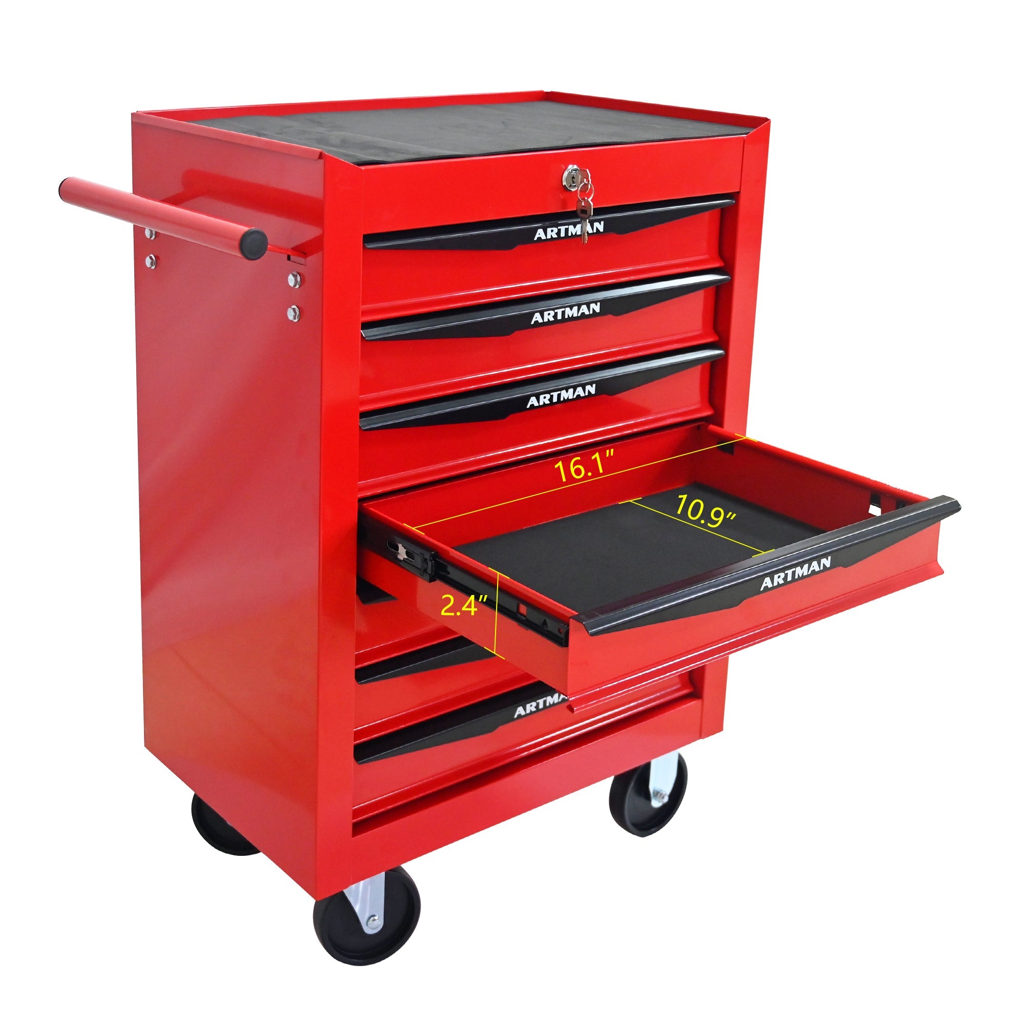 Rolling Metal Tool Chest with 7 Drawers, 20' Steel Storage Cabinet with Ball Bearing Slides, Red and Black Finish