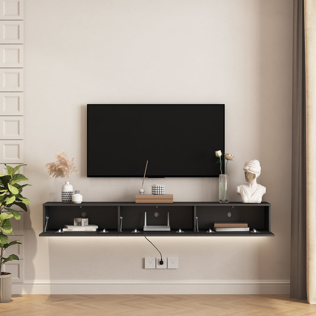 Floating TV Stand Wall Mounted with 16 Color LEDs,69' Modern TV Stand, Floating TV Cabinet Entertainment Center for 55 60 65 Inch TV,Black
