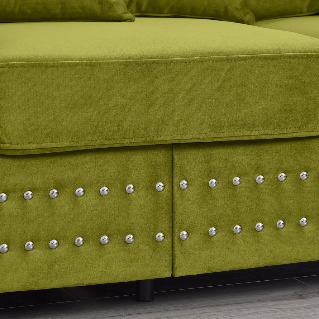 Modern Design Living Room Sofa 2+3 Seater Square armrest with Silver Nails Decoration Upholstered Velvet Couch Green