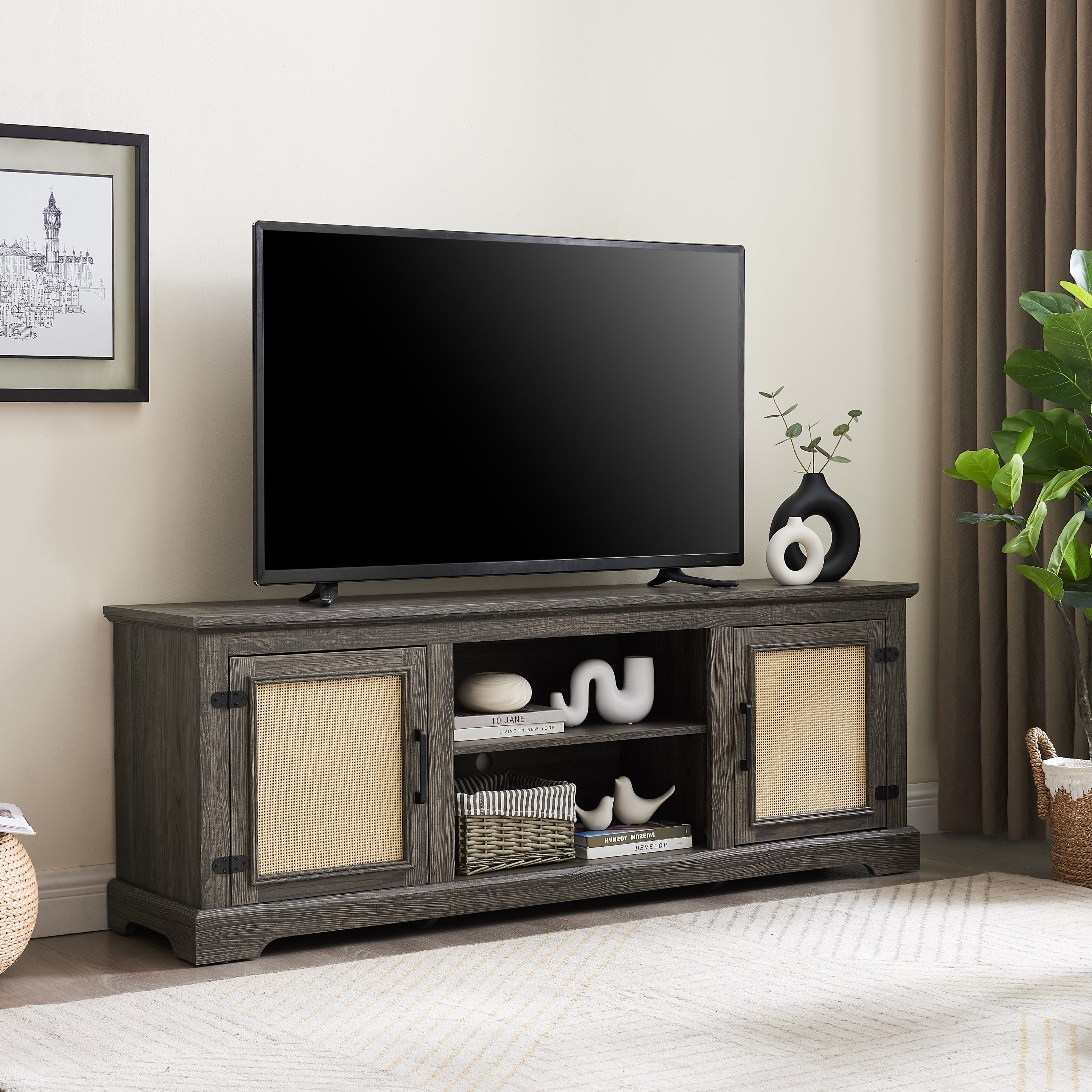 Farmhouse Rattan TV Stand Console Table for TVs up to 70 Inches, TV Console Table with 2 Storage Shelves, 2 Natural Rattan Door Cabinets, 65'W*15.55'D*23.86'H, Gray