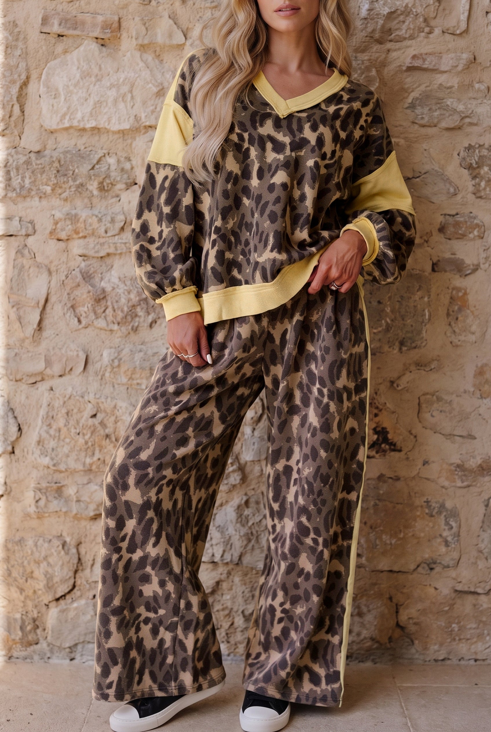 Leopard Colorblock Top & Wide Leg Pants Set