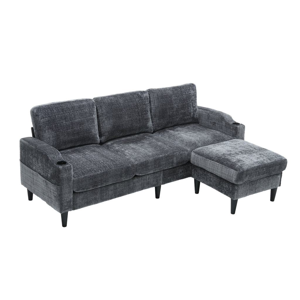 UNITED  WE WIN Sofa for three, solid wood frame, Chenille fabric, side pocket, with two cup holders, footstool with storagestorage sofa /Living room sofa cozy sectional  sofa