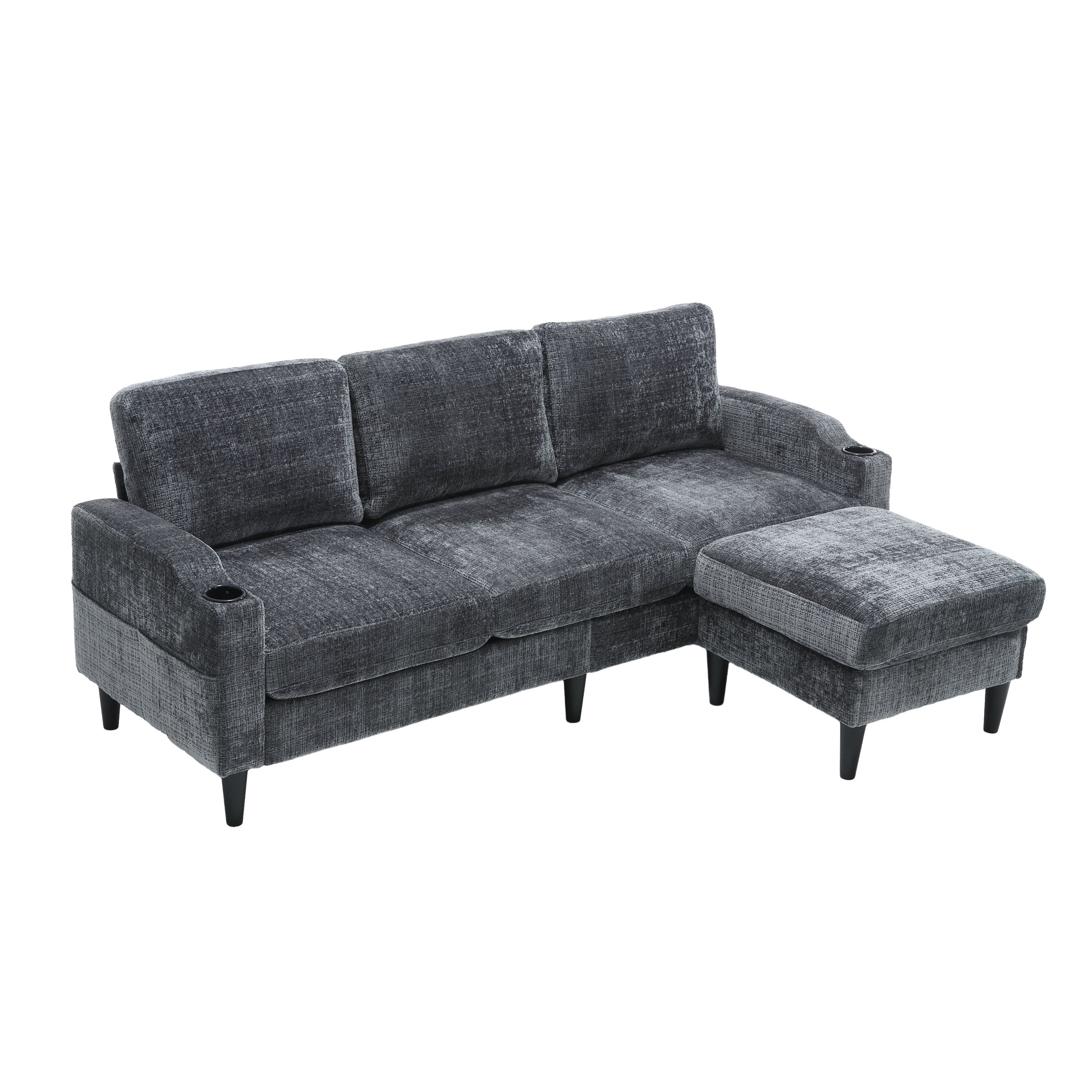 UNITED  WE WIN Sofa for three, solid wood frame, Chenille fabric, side pocket, with two cup holders, footstool with storagestorage sofa /Living room sofa cozy sectional  sofa