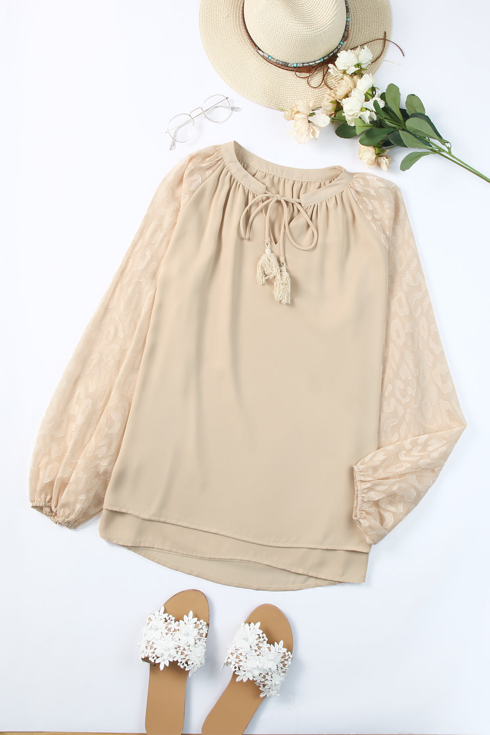 Leopard Mesh V-Neck Bubble Sleeve Blouse