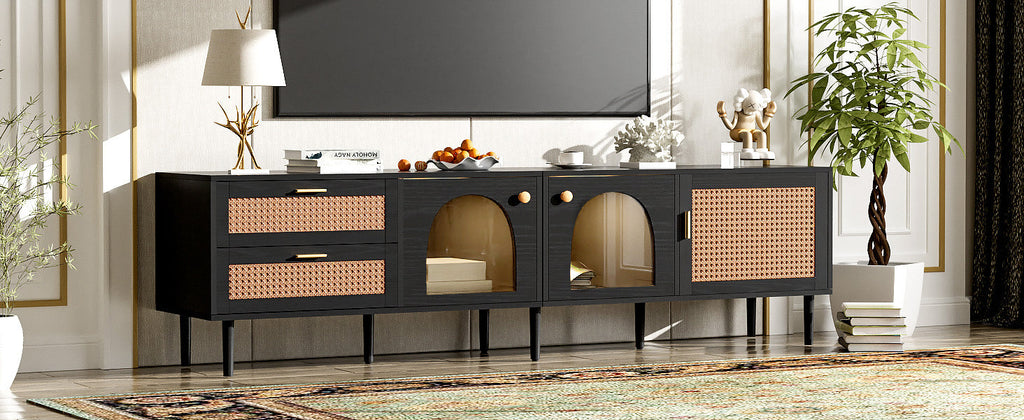 Rattan TV Stand with 3 Cabinets & 2 Drawers, Rattan-inspired Media Console Table for TVs up to 80'', LED Light Entertainment Center, TV cabinet for Living room, Bedroom, Home Theatre