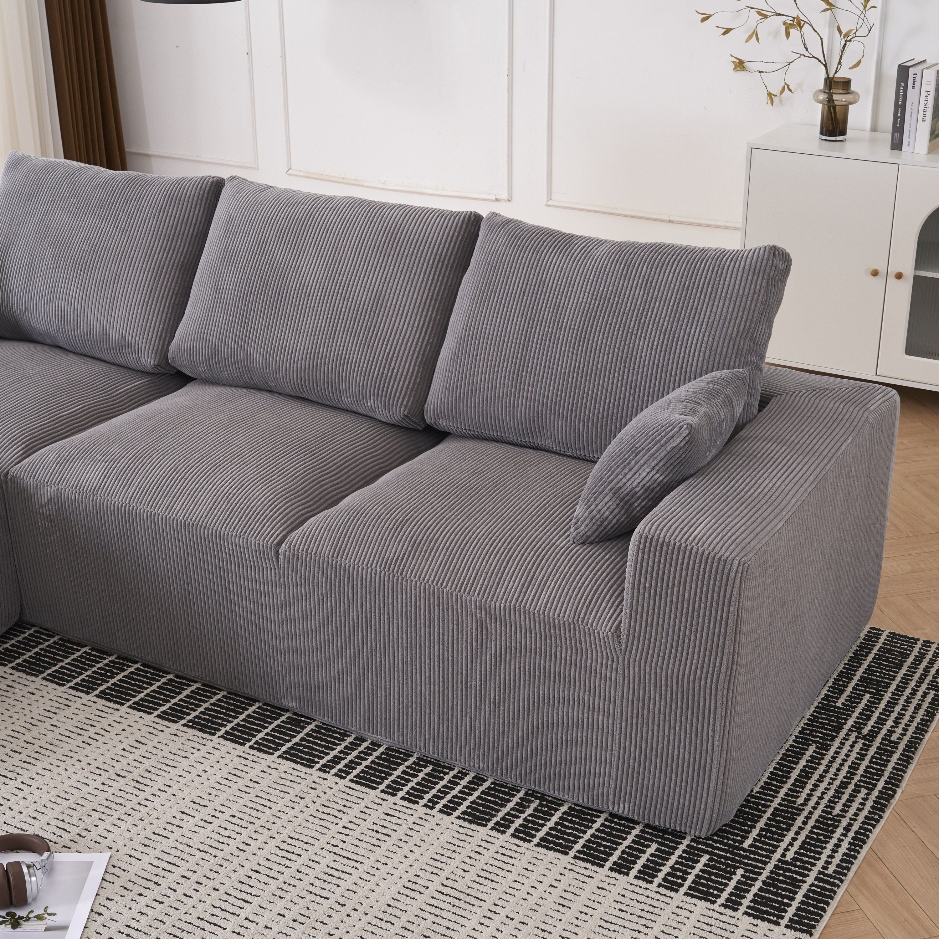 Modern U-shaped 6-seat Upholstered Sleeper Sofa with Console, Cupholders, USB Ports, Gray Corduroy