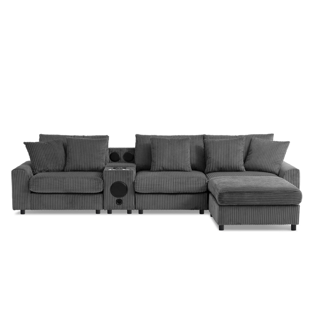 Modular Corduroy Sectional Sofa with Bluetooth Speakers, USB Charger, Cup Holders, Storage, and Ottoman in Dark Gray