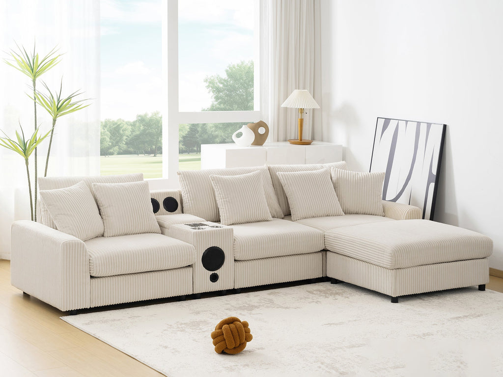 Modular Corduroy Sectional Sofa with Bluetooth Speakers, USB Charger, Cup Holders, Storage, Ottoman, 114*64'' Cream