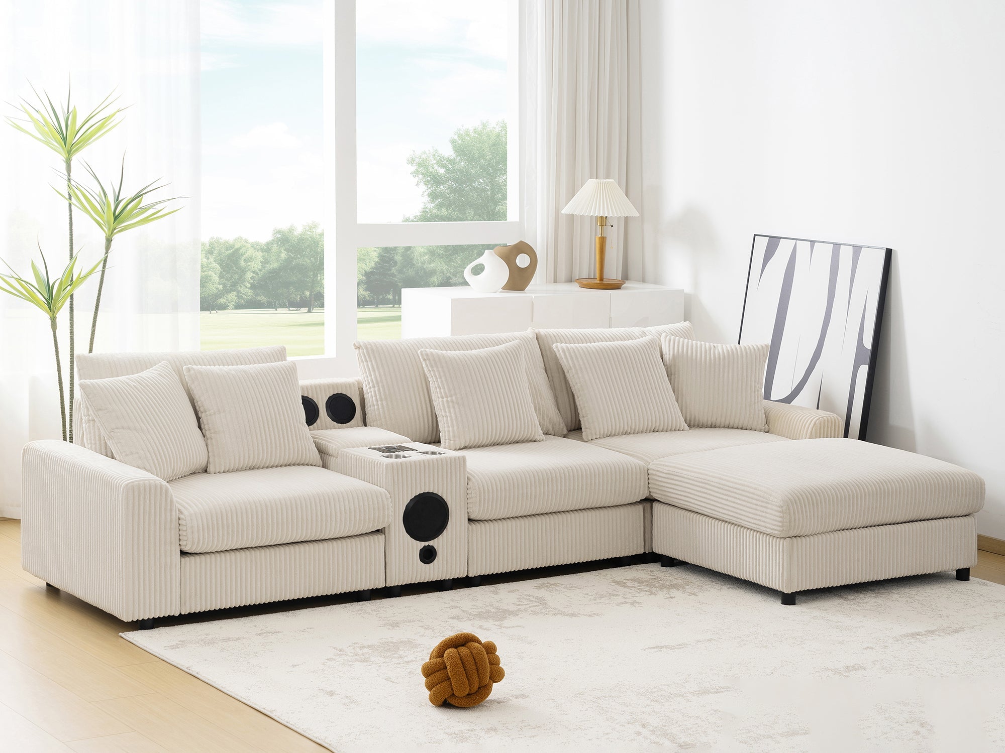 Modular Corduroy Sectional Sofa with Bluetooth Speakers, USB Charger, Cup Holders, Storage, Ottoman, 114*64'' Cream
