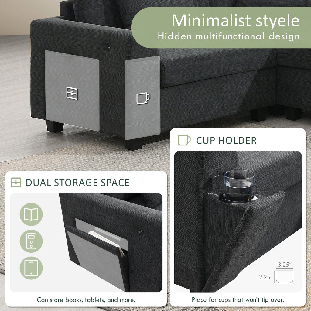 Chenille U Shaped Sectional Sofa with Ottoman and Storage, USB Ports, 2 Colors