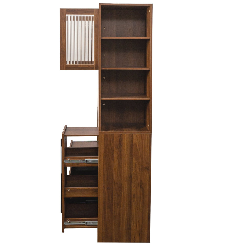 70.87' Tall Kitchen Pantry Cabinet with multi-functional pull-out multi-tier storage shelf,  4-Tier side Shelf, 2 Drawers,with Glass Door,Freestanding Food Hutch with Microwave Stand for Dining Room