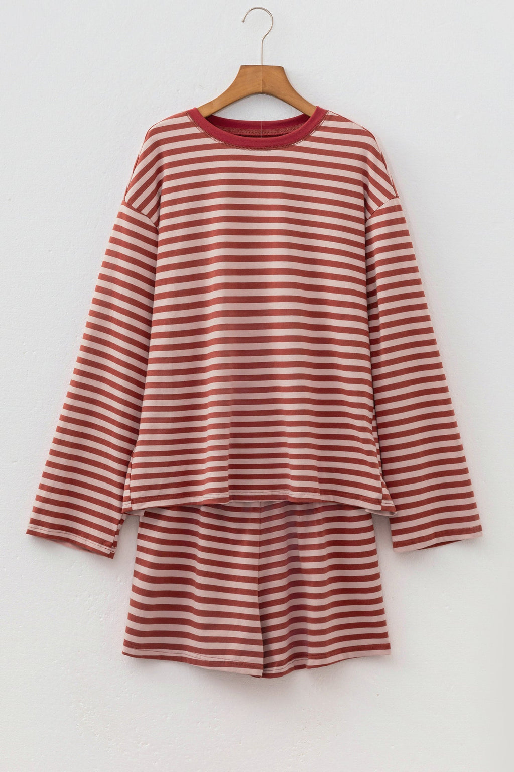 Stripe Contrast Long Sleeve Top & Elastic Waistband Short Set