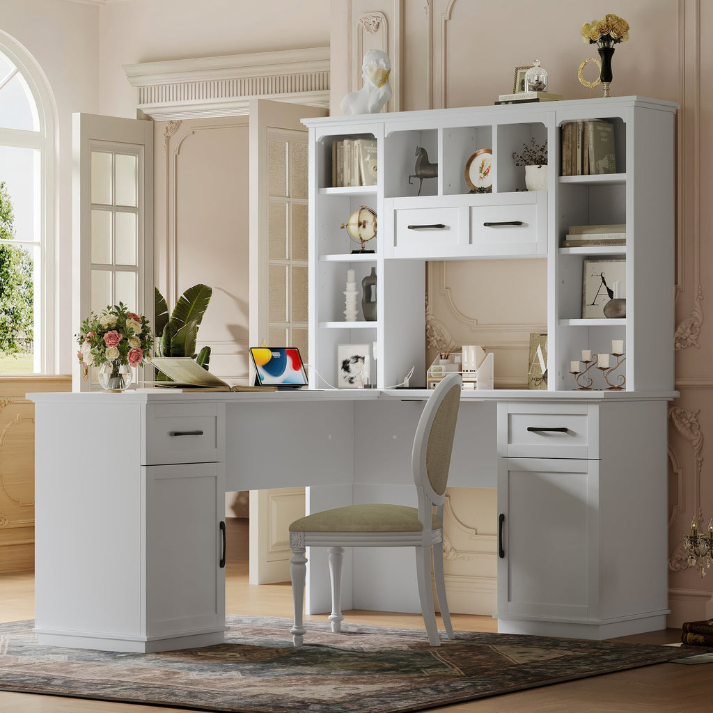 L-Shaped Computer Desk with 2 Cabinets and 2 Drawers, 11 Open Shelves , with Electrical Outlet, for Study, Living Room and Office, White