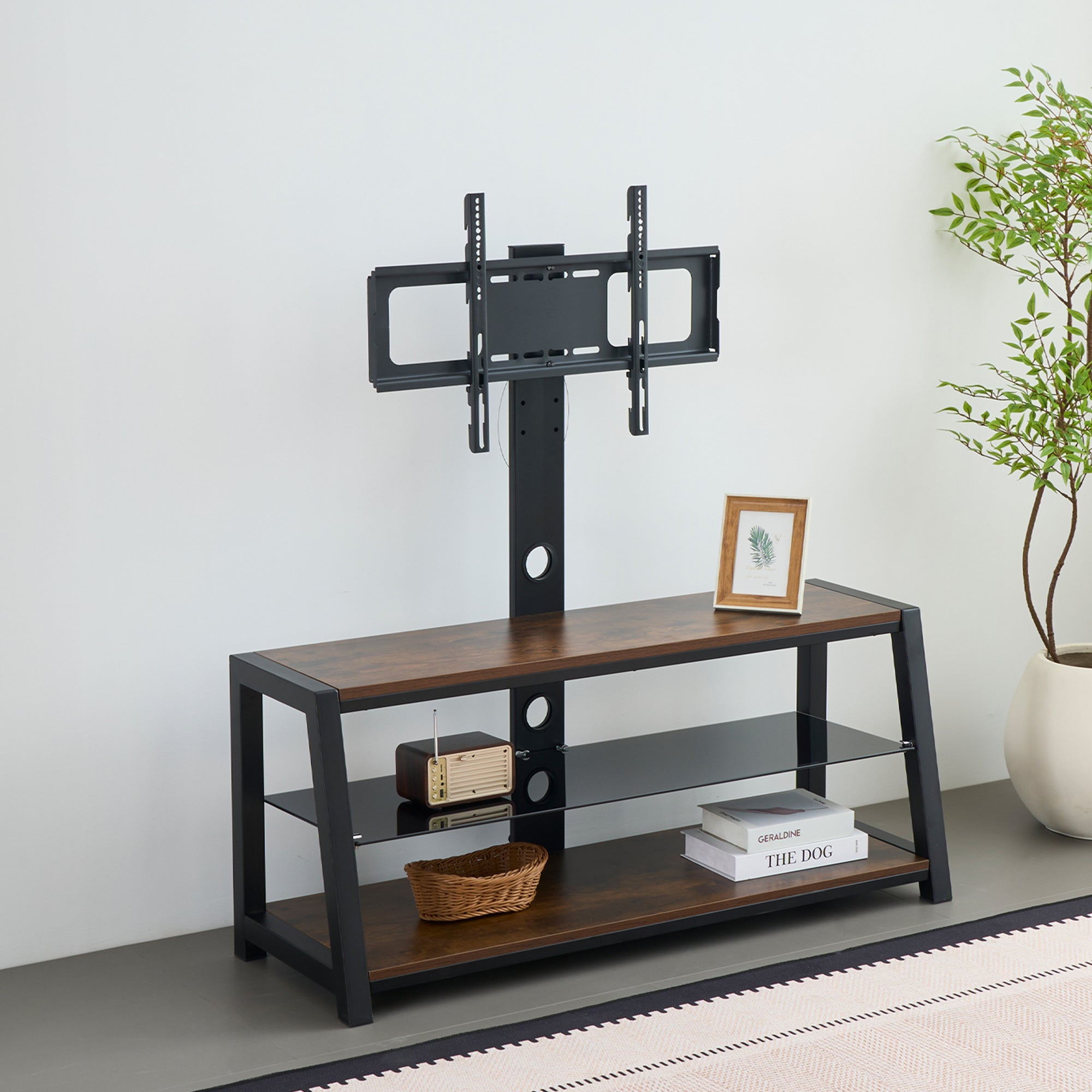 Wooden Storage TV Stand Black Tempered Glass Height Adjustable Universal Swivel Entertainment Center With Mount TV Stand, Rustic Browm