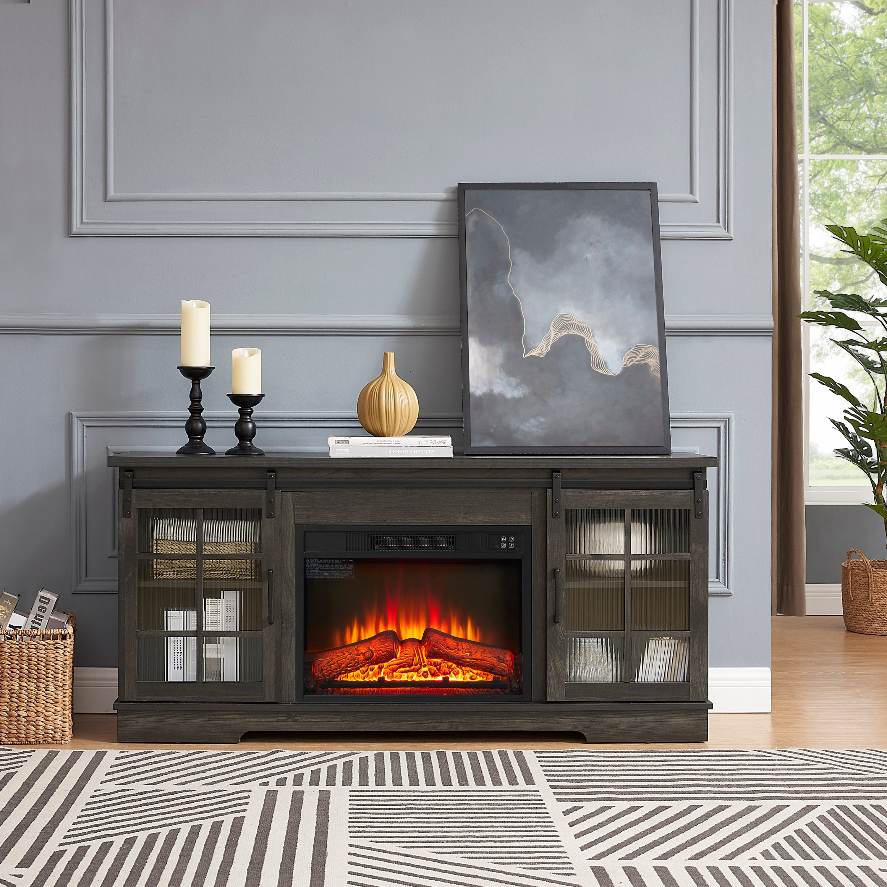 Multipurpose Sliding Door TV Stand Large Storage Cabinet with 2 Sliding Fluted Glass Doors, TV Up to 65'', TV Desk Storage Rack with 23' Fireplace TV Stand, Charcoal GREY, 59.13'W*15.94'D*27.8'H