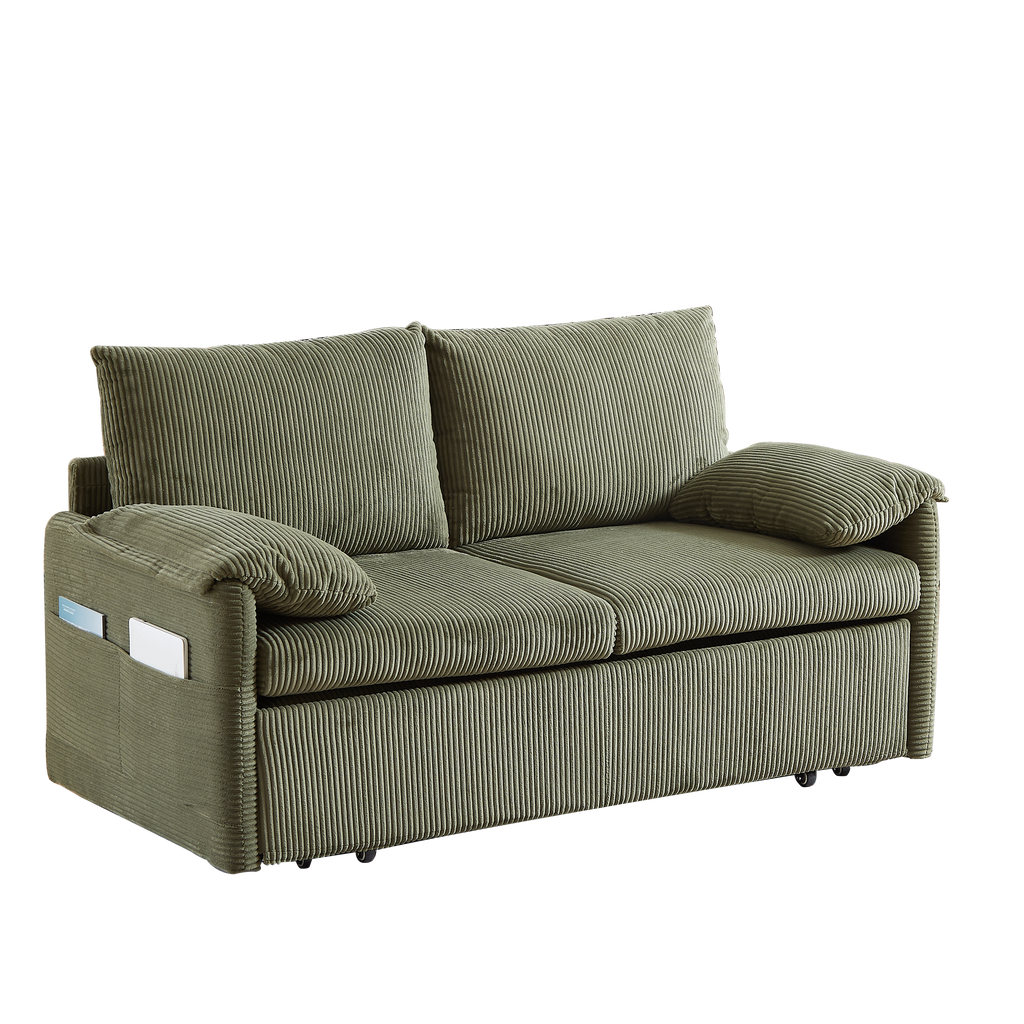 MH'' 64.5 Inch Sleeper Sofa Bed  3-in-1 Adjustable Sleeper with Pullout Bed   2 Pillows and Side Pockets  Soft Corduroy Convertible Sleeper Sofa Bed for Living Room Bedroom Apartment Office