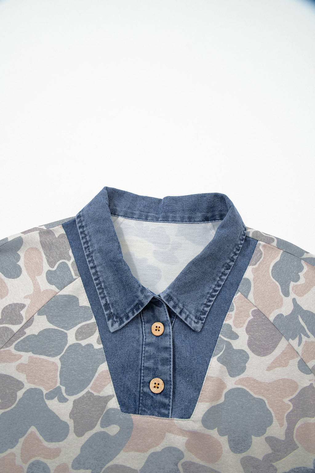 Camo Denim Patchwork Polo Collar Tee