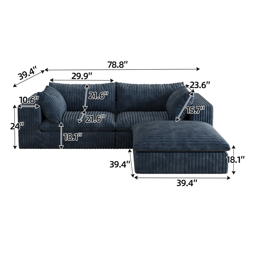 39.8' Cloud Sofa,Corduroy Fabric,Deep Seat Couches,Double-layer design,Removable  Cushion,No Assembly, DIY Combination for Living room, Bedroom,Conference room ,Apartment,Blue