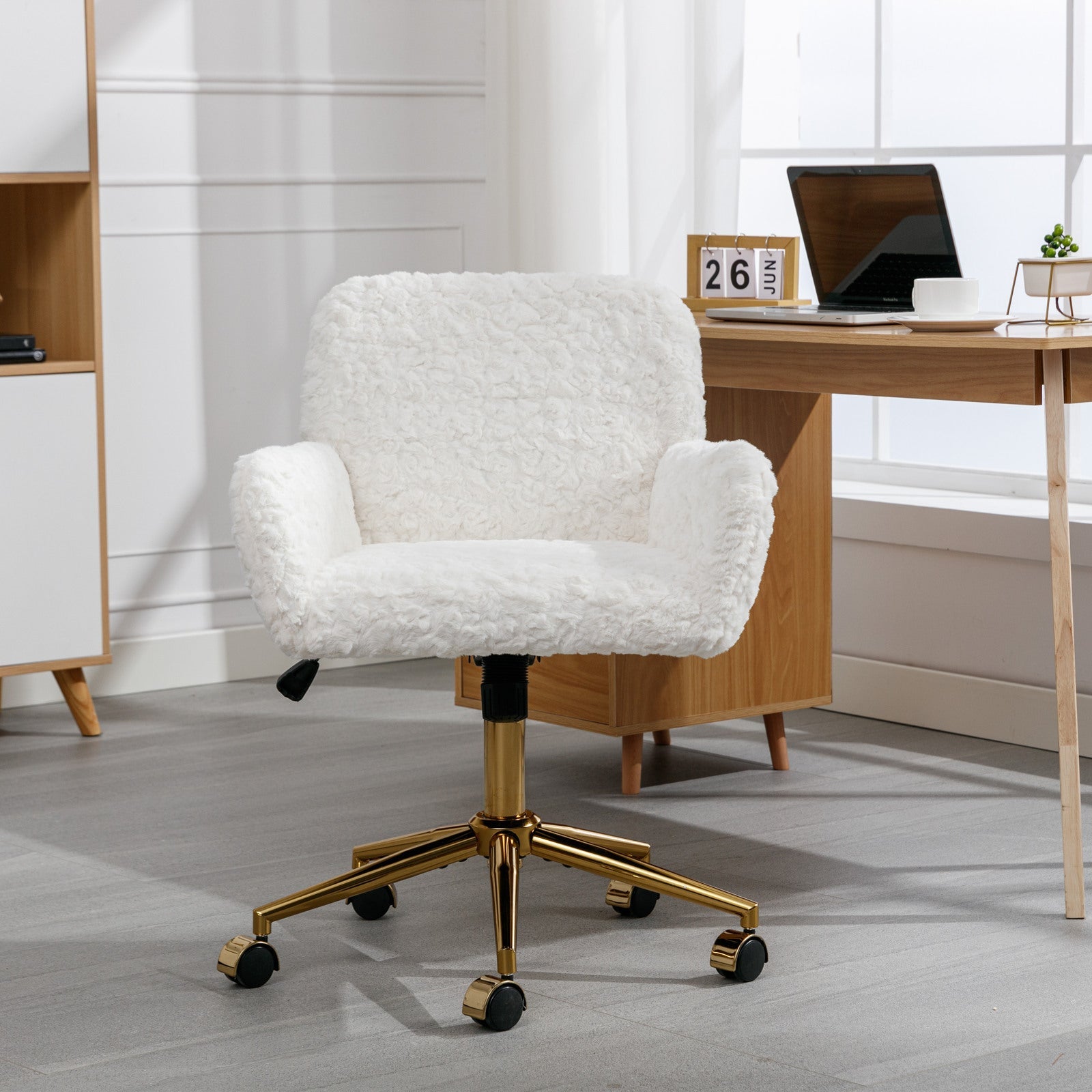 A&A Furniture Artificial Rabbit Hair Office Chair with Golden Metal Base, Adjustable Swivel Vanity Chair, Beige Velvet