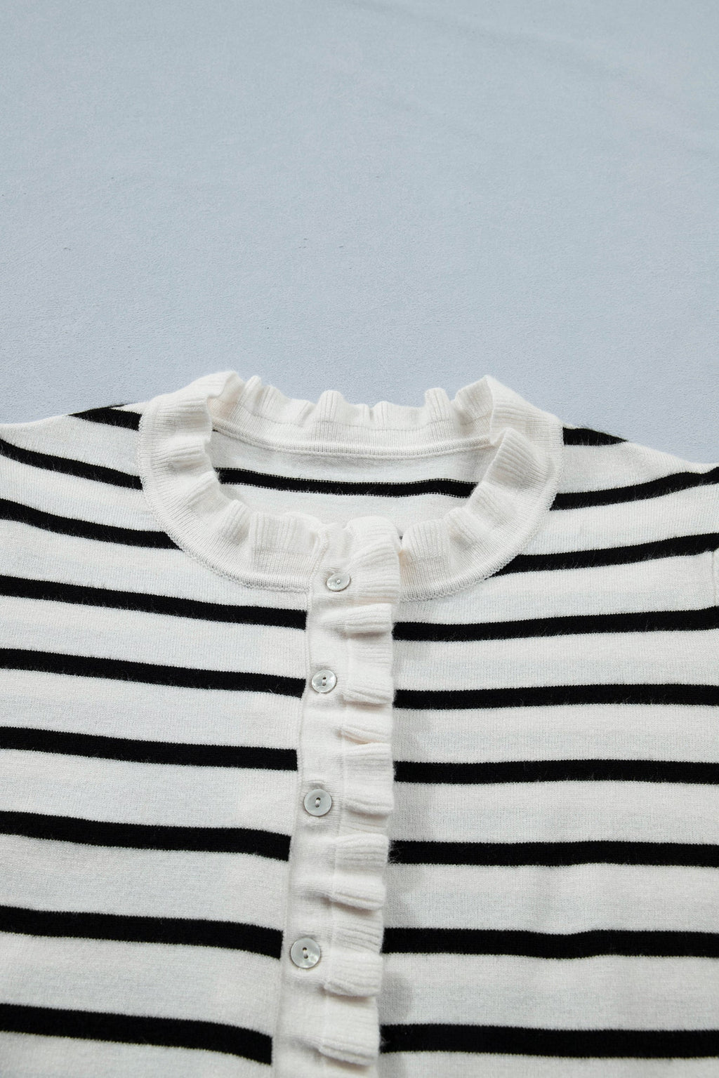 Stripe Ruffle Knit Short Sleeve Buttoned Cardigan