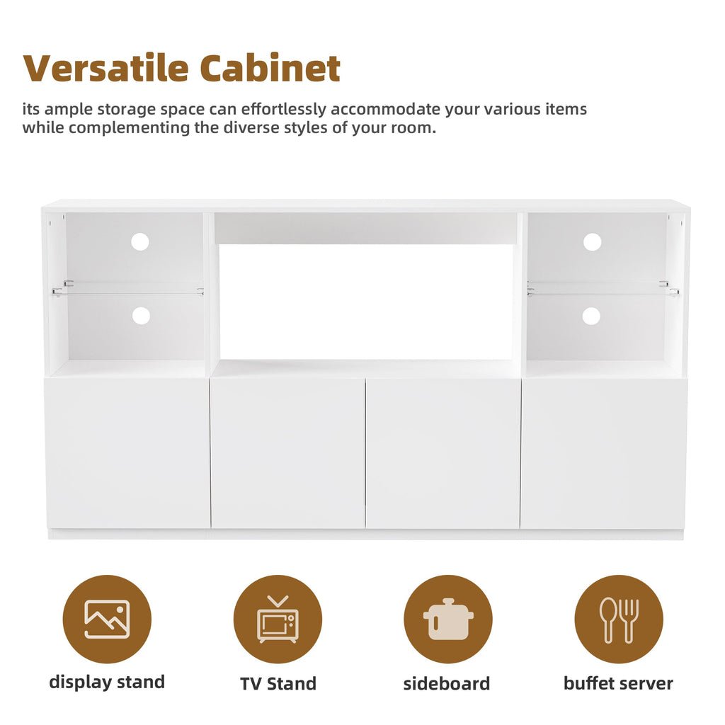 ON-TREND High Gloss TV Stand with LED Lights, Modern Sideboard with Large Storage Cabinet, Media Console with Tempered Glass Shelves for TVs up to 75', Living Room, White, 67'Wx13.7'D