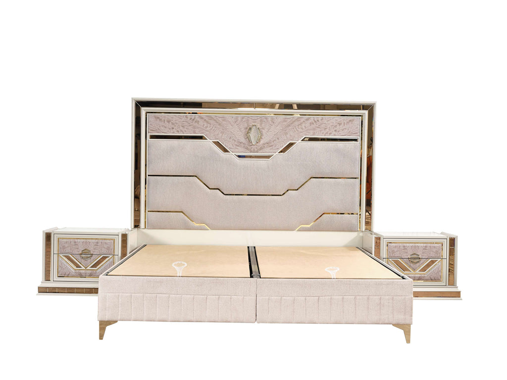 Omari Modern Style 4 Pc King Upholstered Bedroom Set Made with Wood and Gold Accents in Beige (CA Inventory)