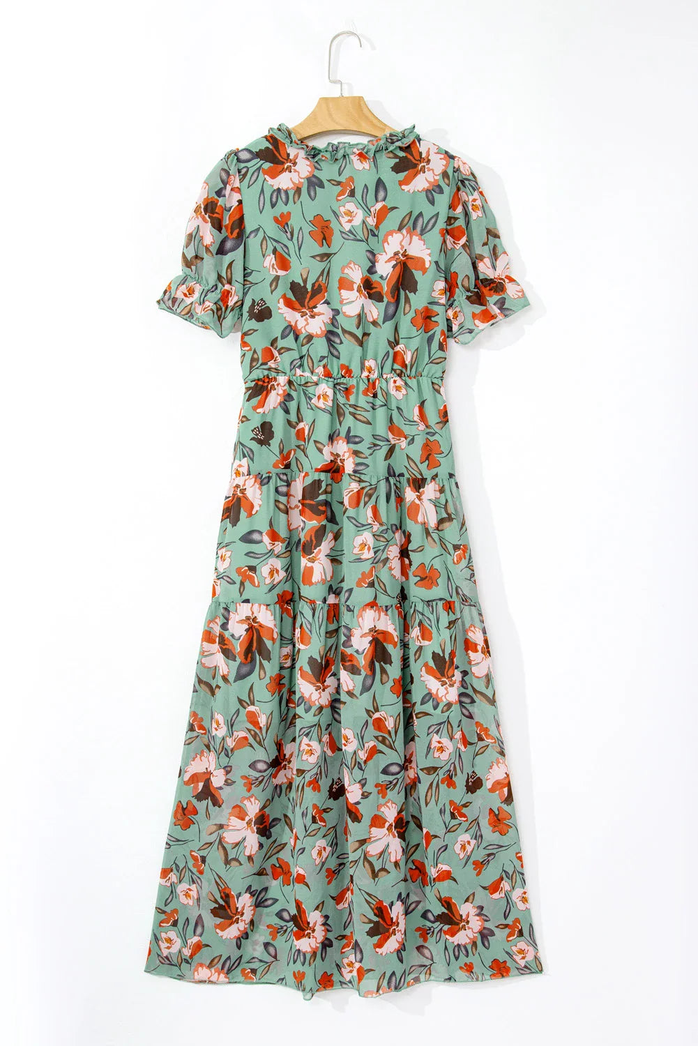 Floral Frilled V-Neck Short Sleeve Maxi Dress