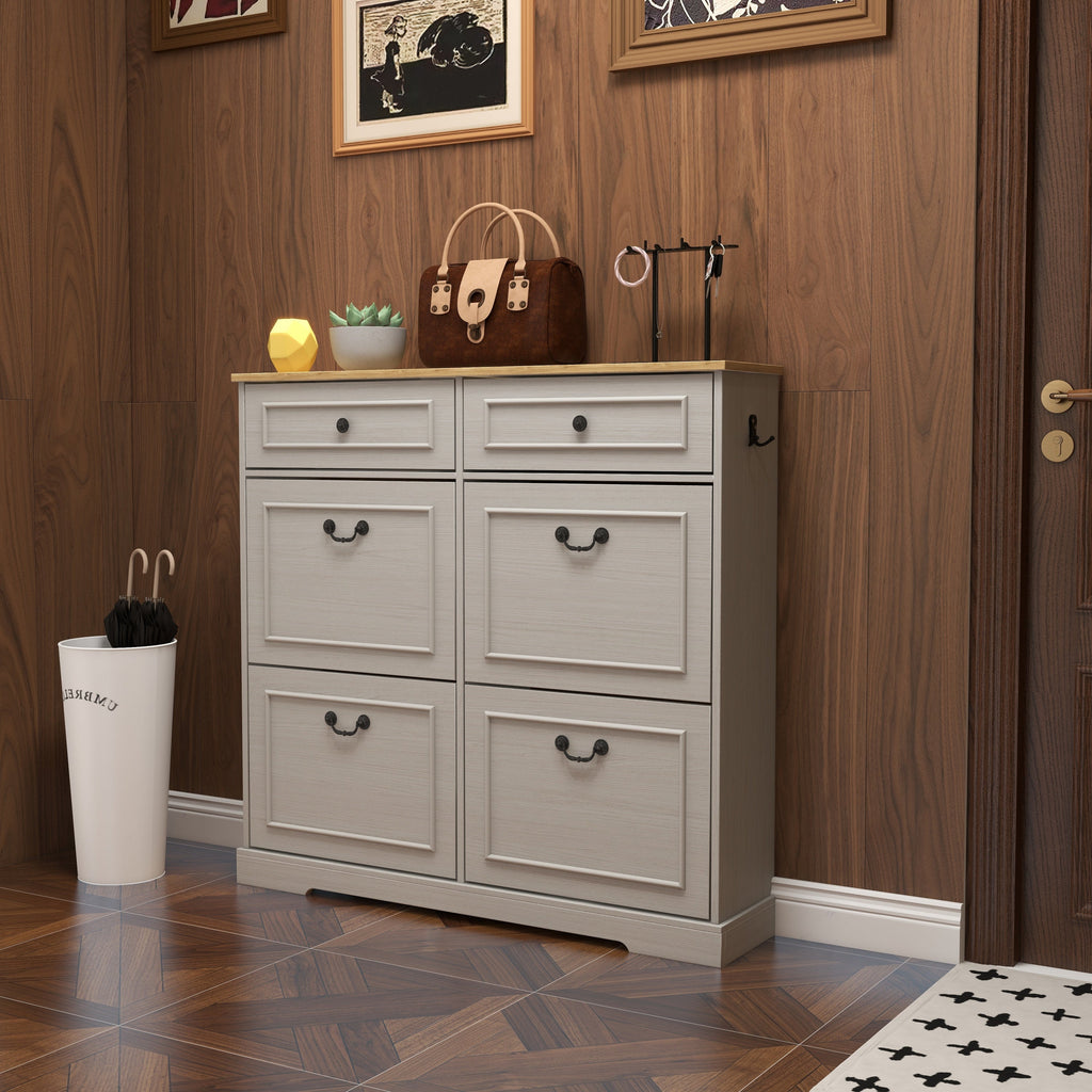 Shoe Storage Cabinet with 2 Drawers, 4 Flip Drawers, Freestanding Shoe Cabinet Organizer with Adjustable Shelf, Shoe Cabinet for Entryway, Foyer, Slim Shoe Cabinet-Antique White