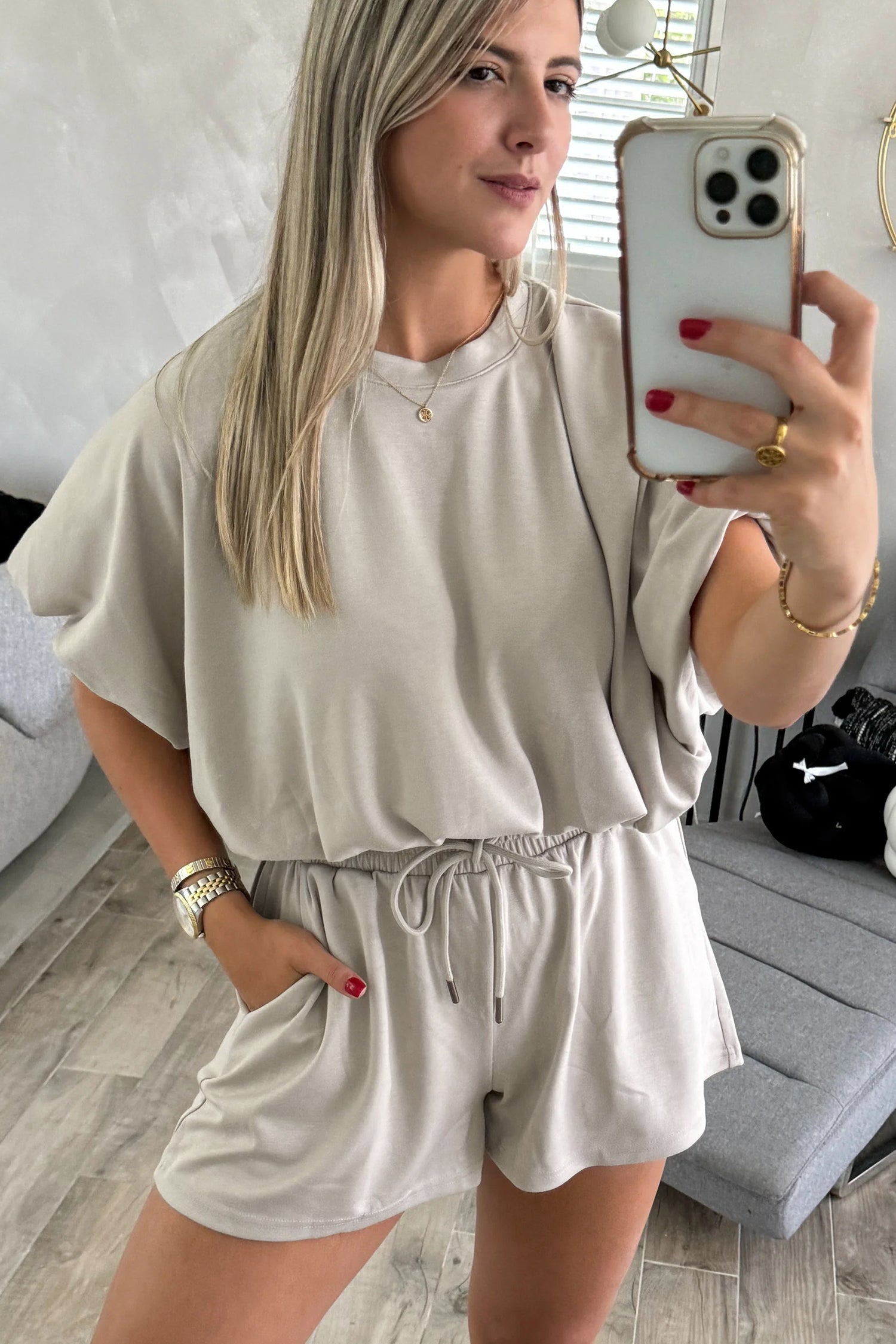 Solid Puff Sleeve Top & Drawstring Shorts Set