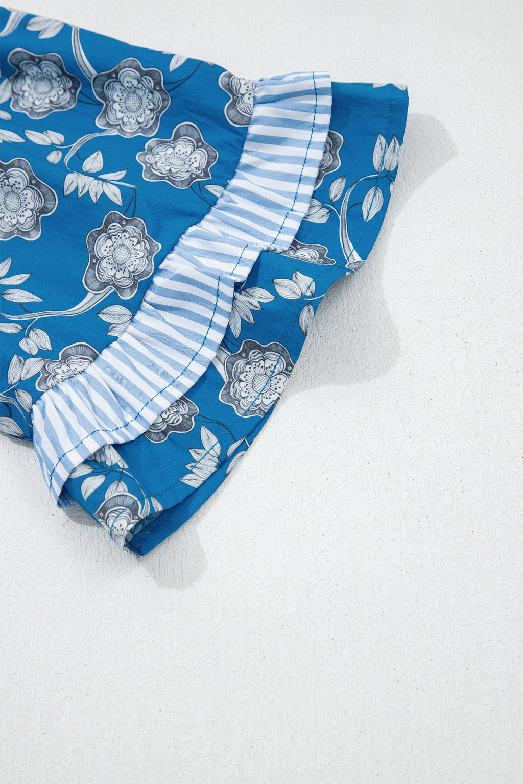 Floral Stripe Trim Tie-Neck Short Sleeve Blouse