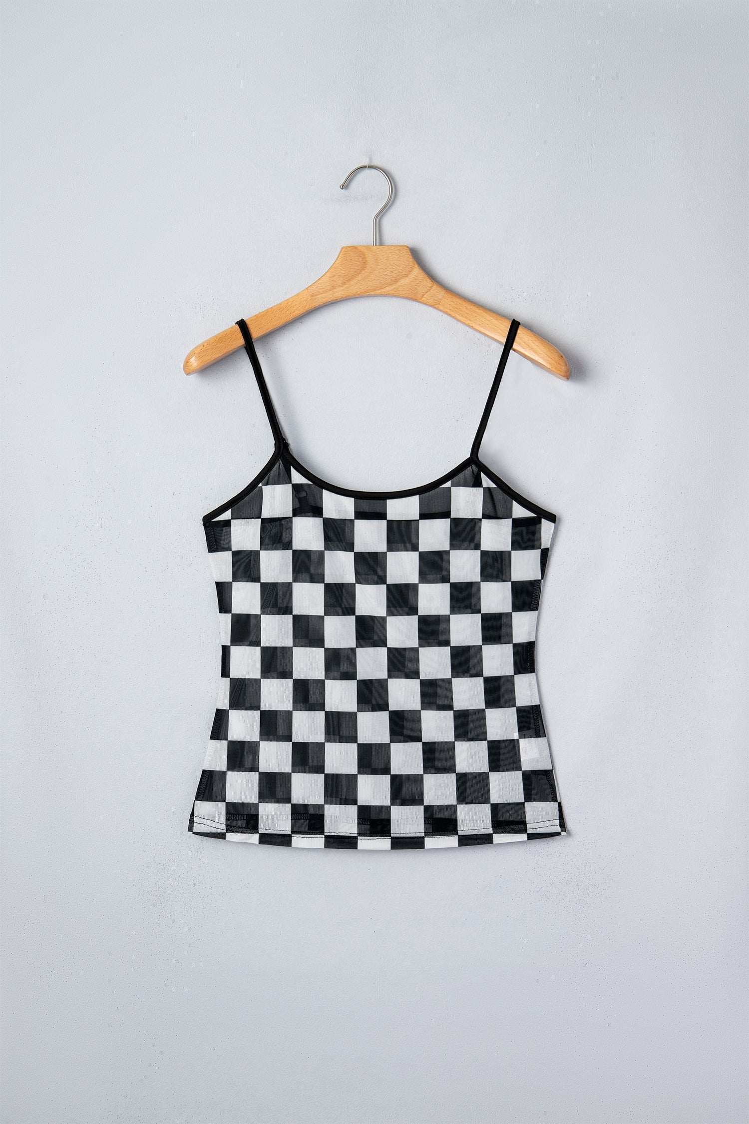 Checker Sheer Mesh Spaghetti Strap Tank Top
