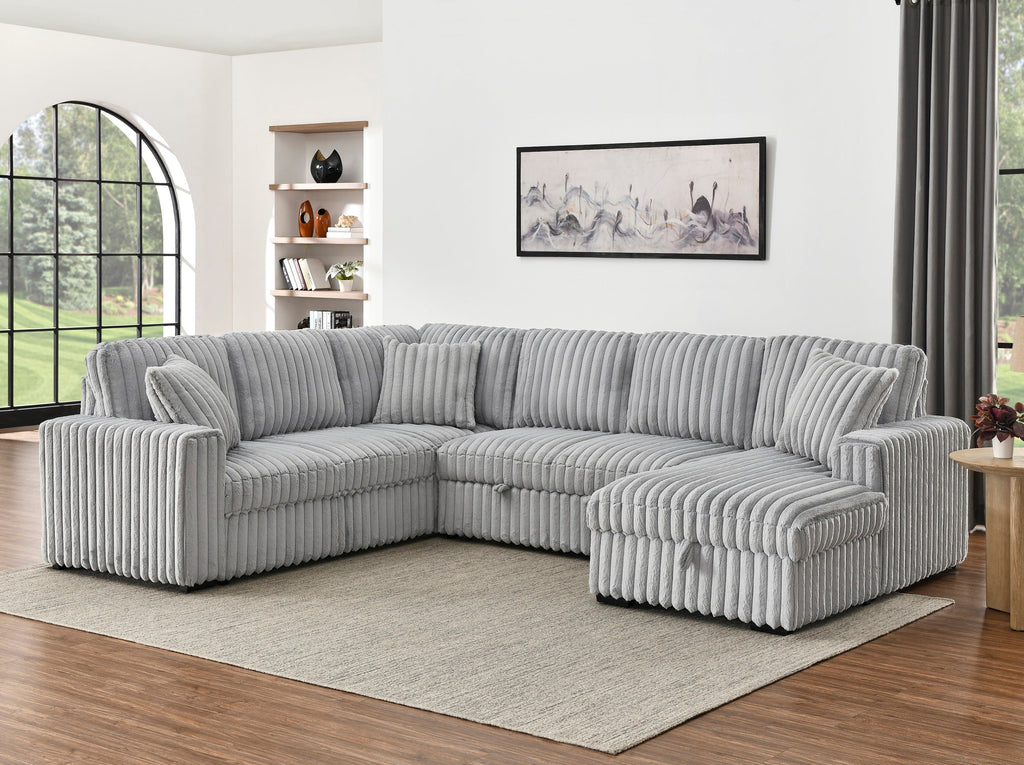 122 Inch Pull Out Couch, Rabbit plush Fabric Sofa Bed with USB Ports & Comfy Upholstered, Oversized U Shape Sectional Sleeper Sofa Bed with Storage Chaise, Grey