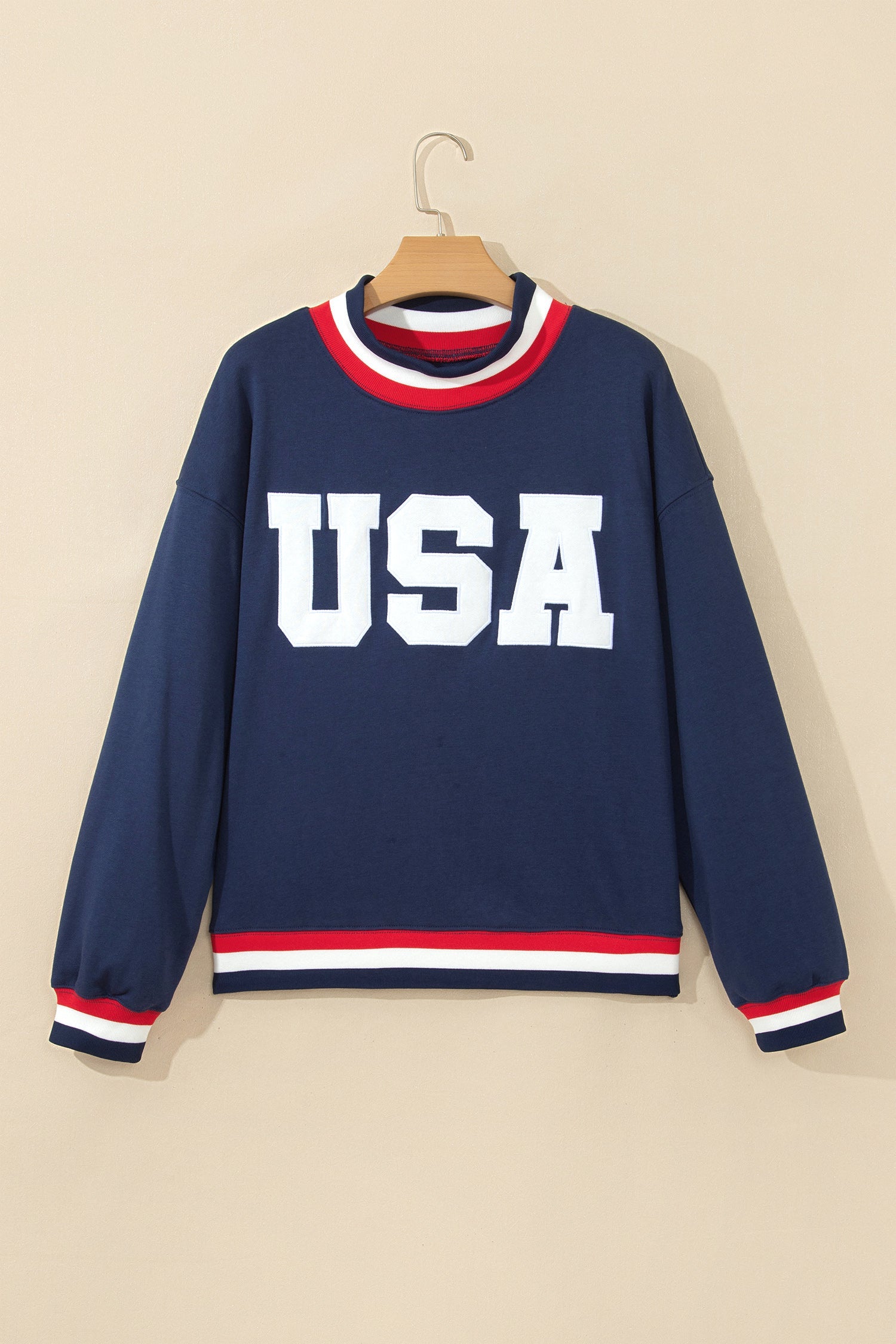 USA Slogan Patch Embroidery Colorblock High Neck Sweatshirt