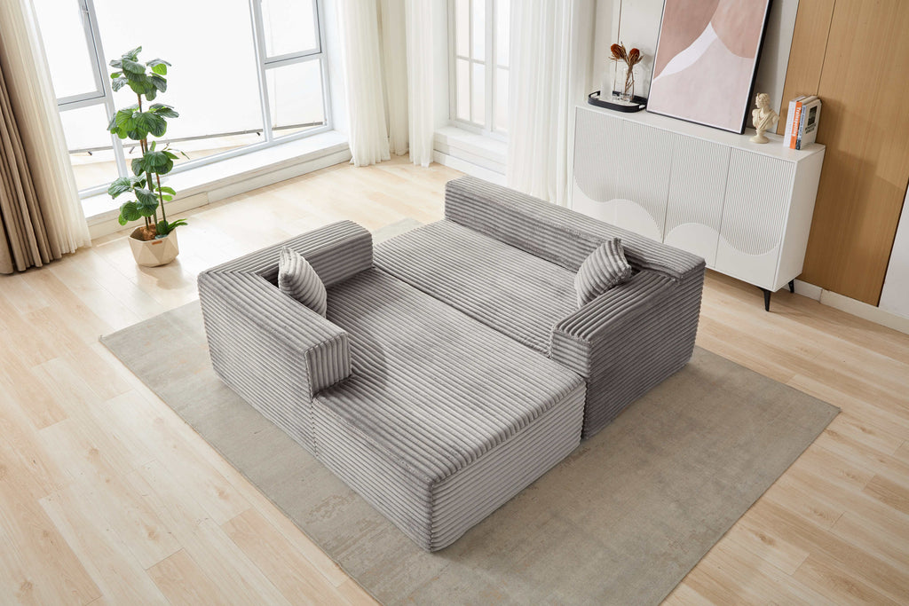 Compression Sectional Couch with Comfy Chaise, Boneless L Shape Sofa with Deep Seat, Minimalist Modular Couches Sleeper for Living Room Bedroom Apartment Lounge,corduroy,Grey