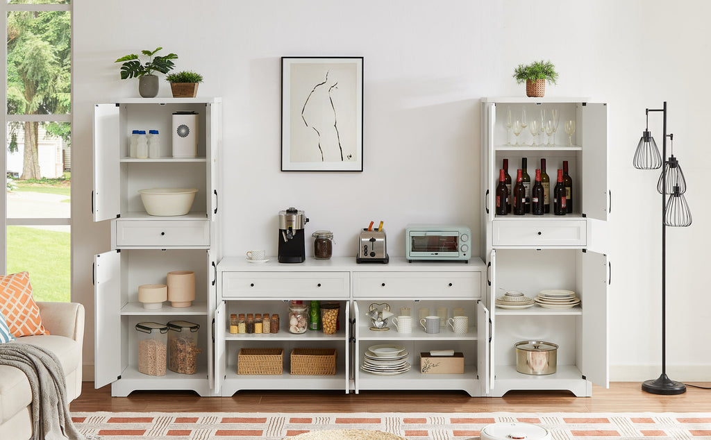 TV Cabinet Set Multifunctional TV Wall, One TV Cabinet and Two Sideboards for Living Room, White,  108.7''L x 15''W x 68''H.
