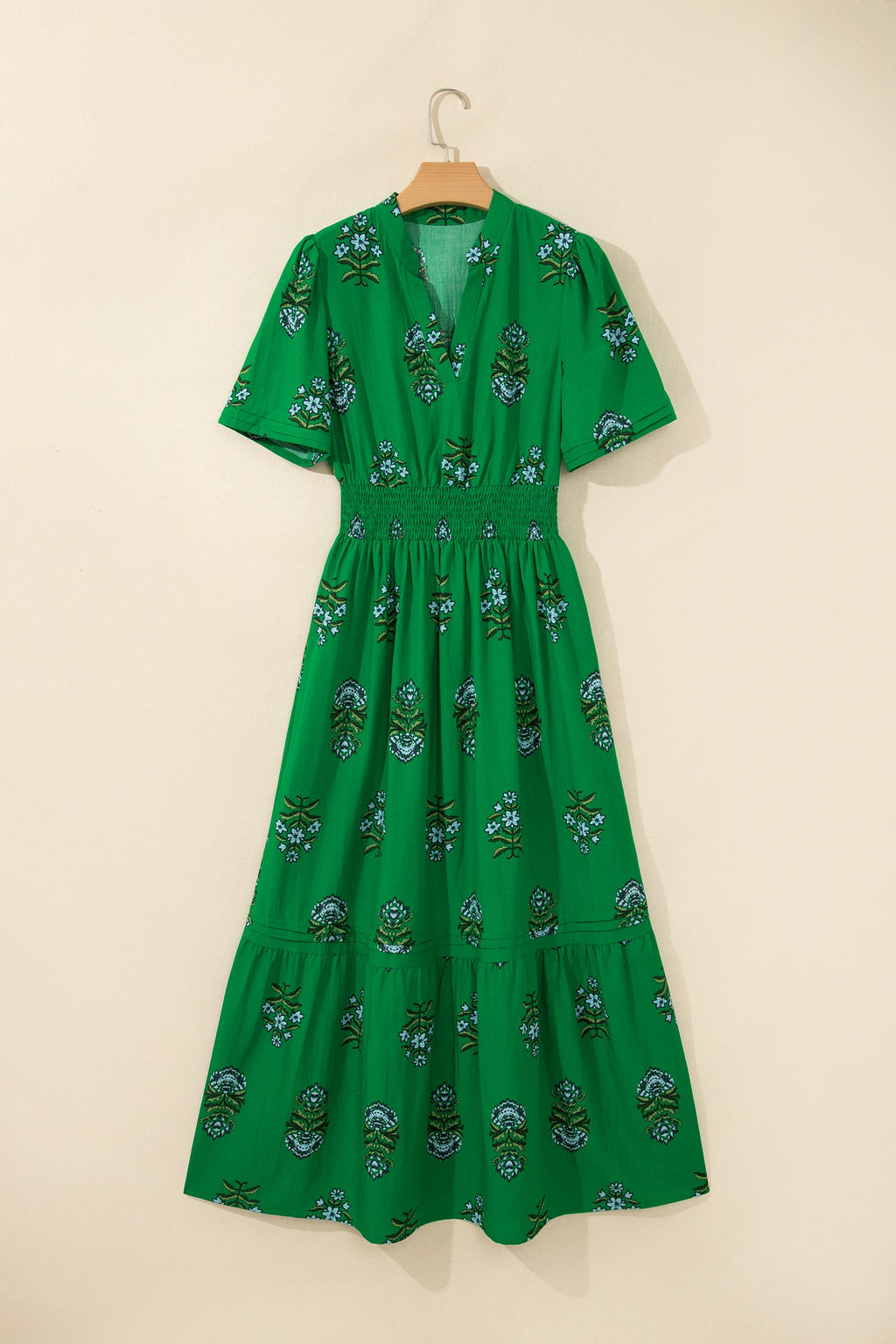 Floral Split Neck Shirred High Waist Maxi Dress