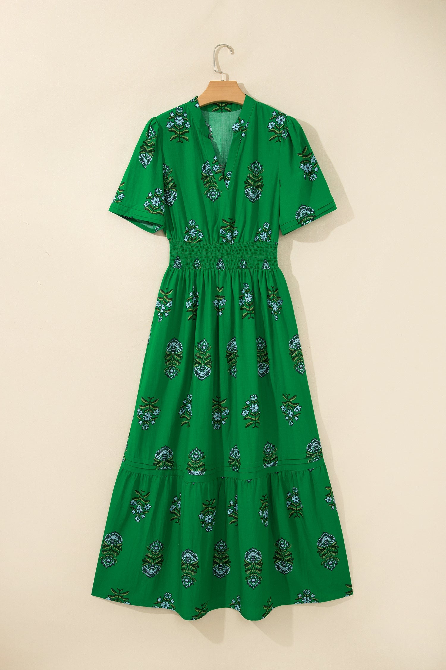 Floral Split Neck Shirred High Waist Maxi Dress