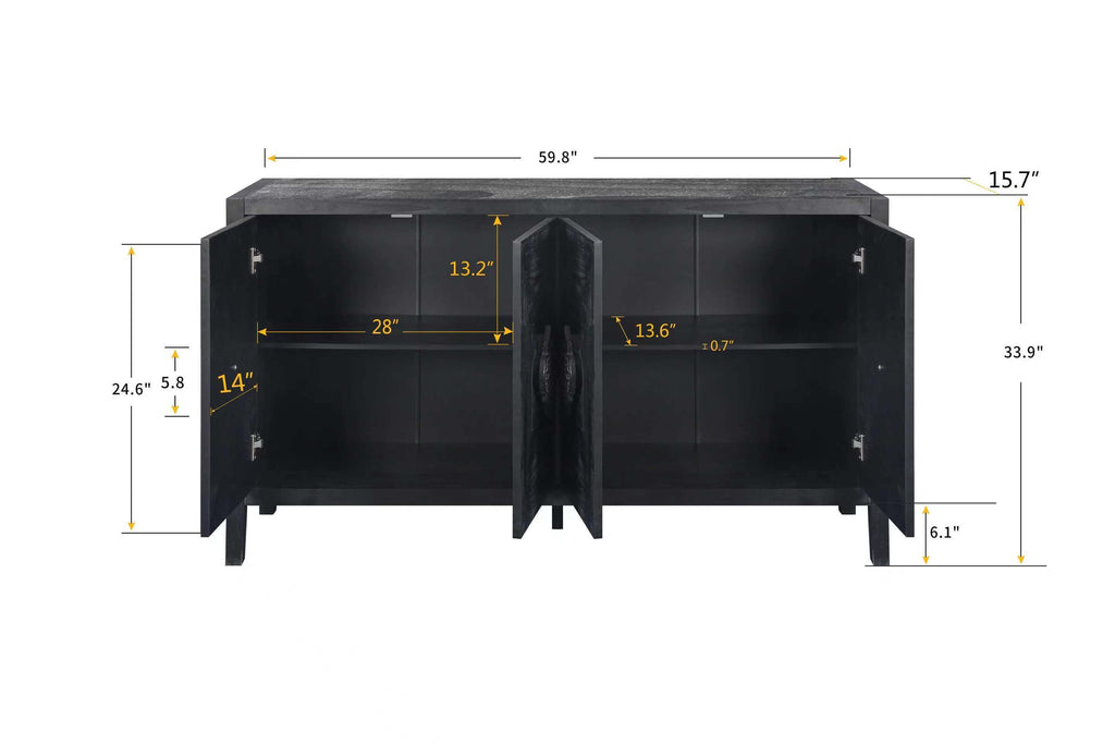 Carved Flower Door Handle, Antique Four Door Cabinet for Living Room Kitchen Hallway (Black)