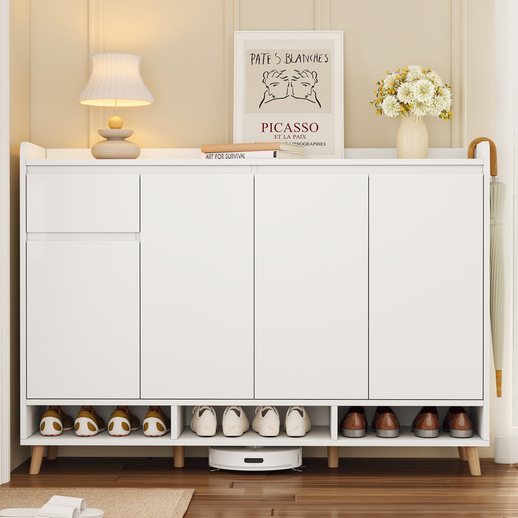 ON-TREND Sleek and Contemporary Shoe Cabinet with Adjustable Shelves, Minimalist Home Organizer with Solid Wood Legs, Storage Sideboard for Entryway, Living Room, White