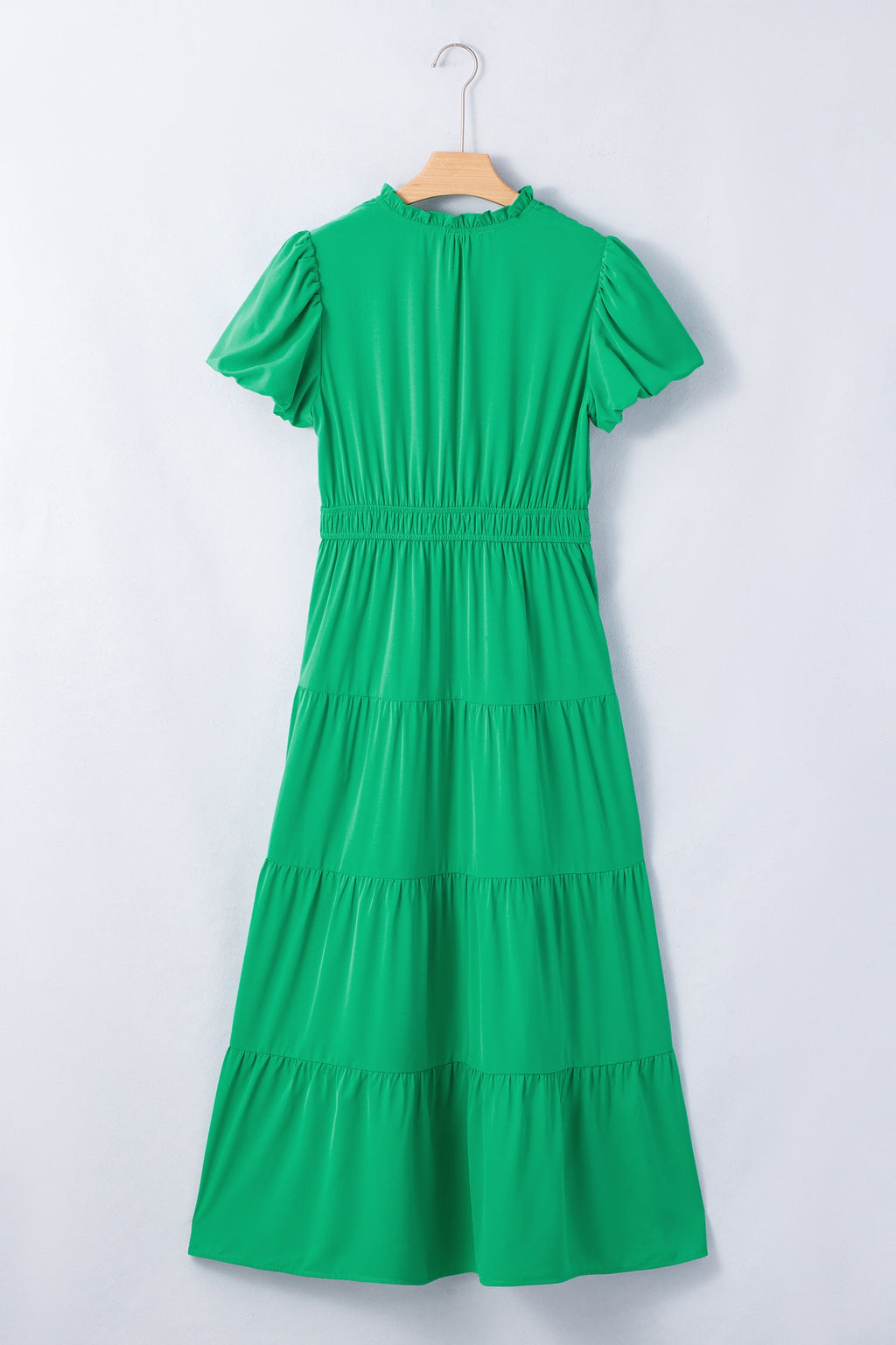 Solid V-Neck Short Puff Sleeve Tiered Maxi Dress