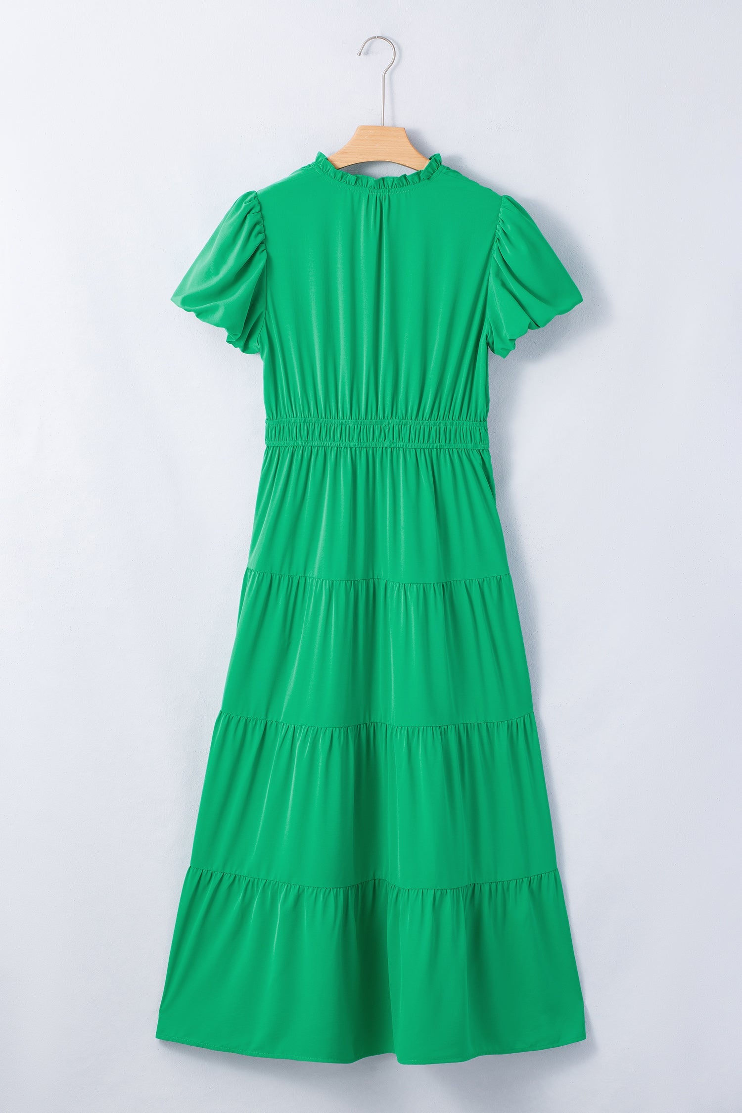 Solid V-Neck Short Puff Sleeve Tiered Maxi Dress