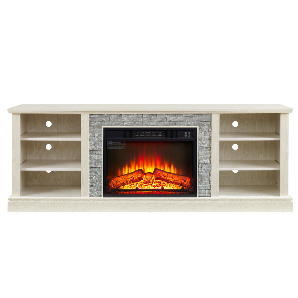 Large Faux Stacked Stone TV Desk Storage Rack, Media Console Table with Large Storage Cabinet,Modern  TV Media Stand with 23' Fireplace Insert,White, 70.12'W*15.35'D*25.83'H