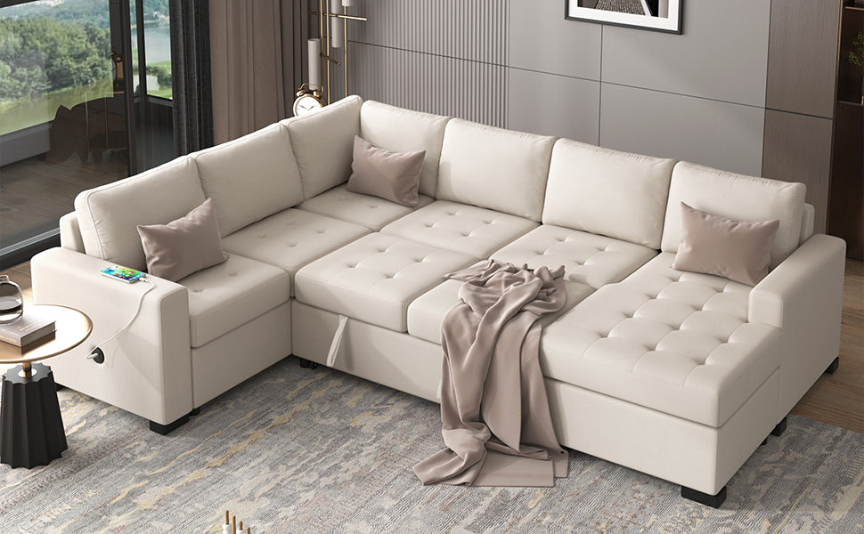 U_Style Sectional Sleeper Sofa with Pull-out Bed and Lounge Chair, USB and Type-C Interfaces, Suitable for Living Room, Office, and Spacious Spaces