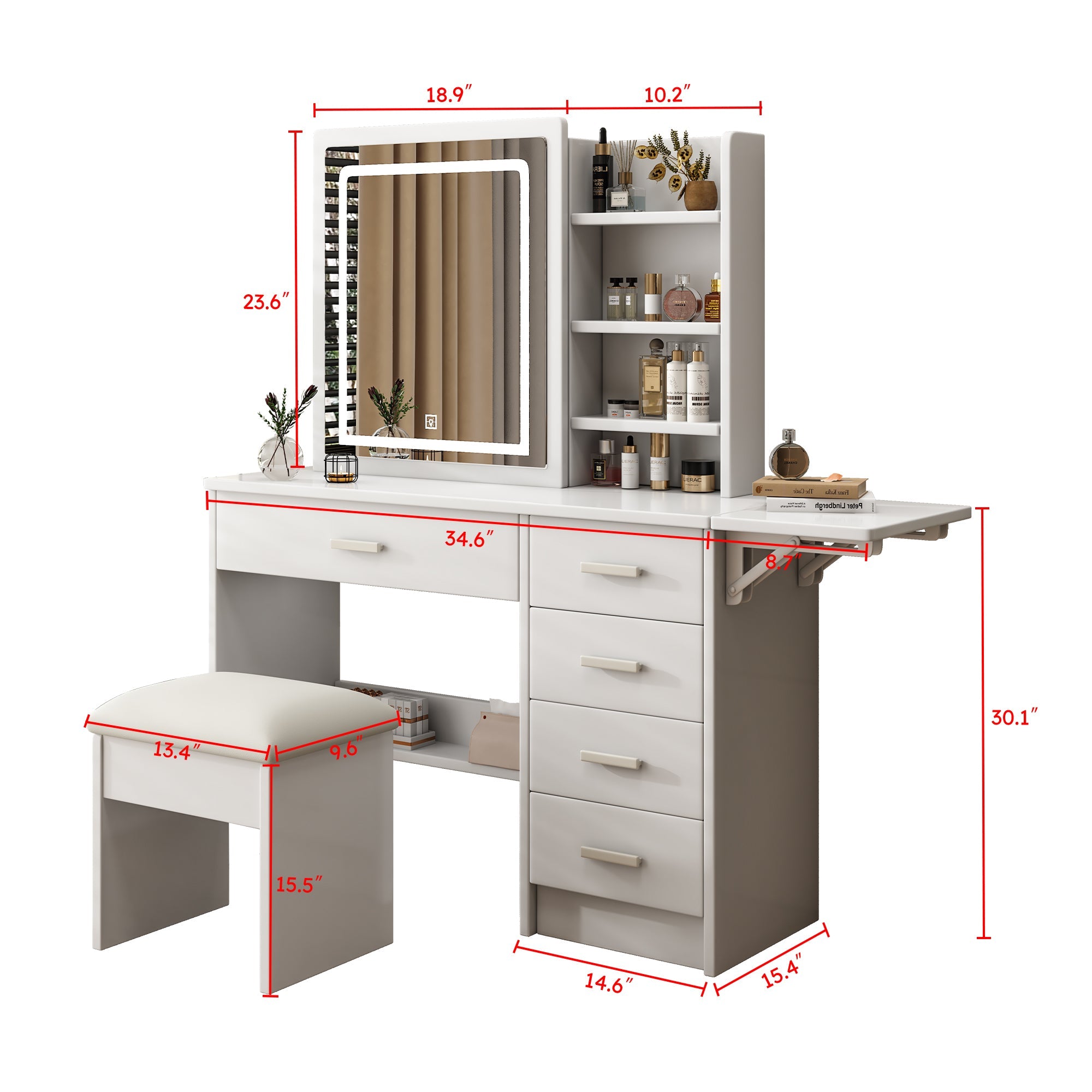 Fashion Vanity Desk with Mirror and Lights for Makeup, White MDF, 5 Drawers, Adjustable Lighting