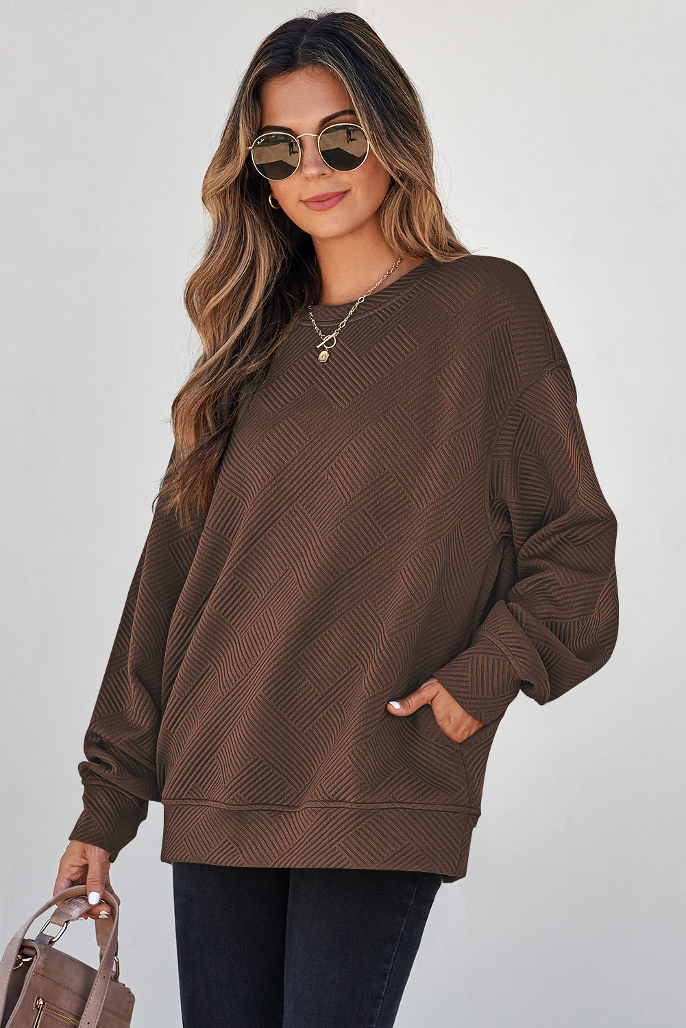 Solid Textured Round Neck Drop Shoulder Sweatshirt