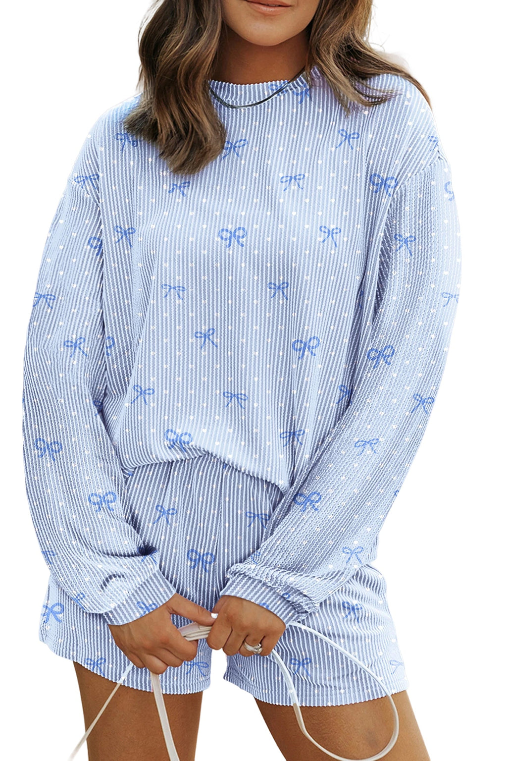 Polka Dot Bow Corded Knit Top and Shorts Set
