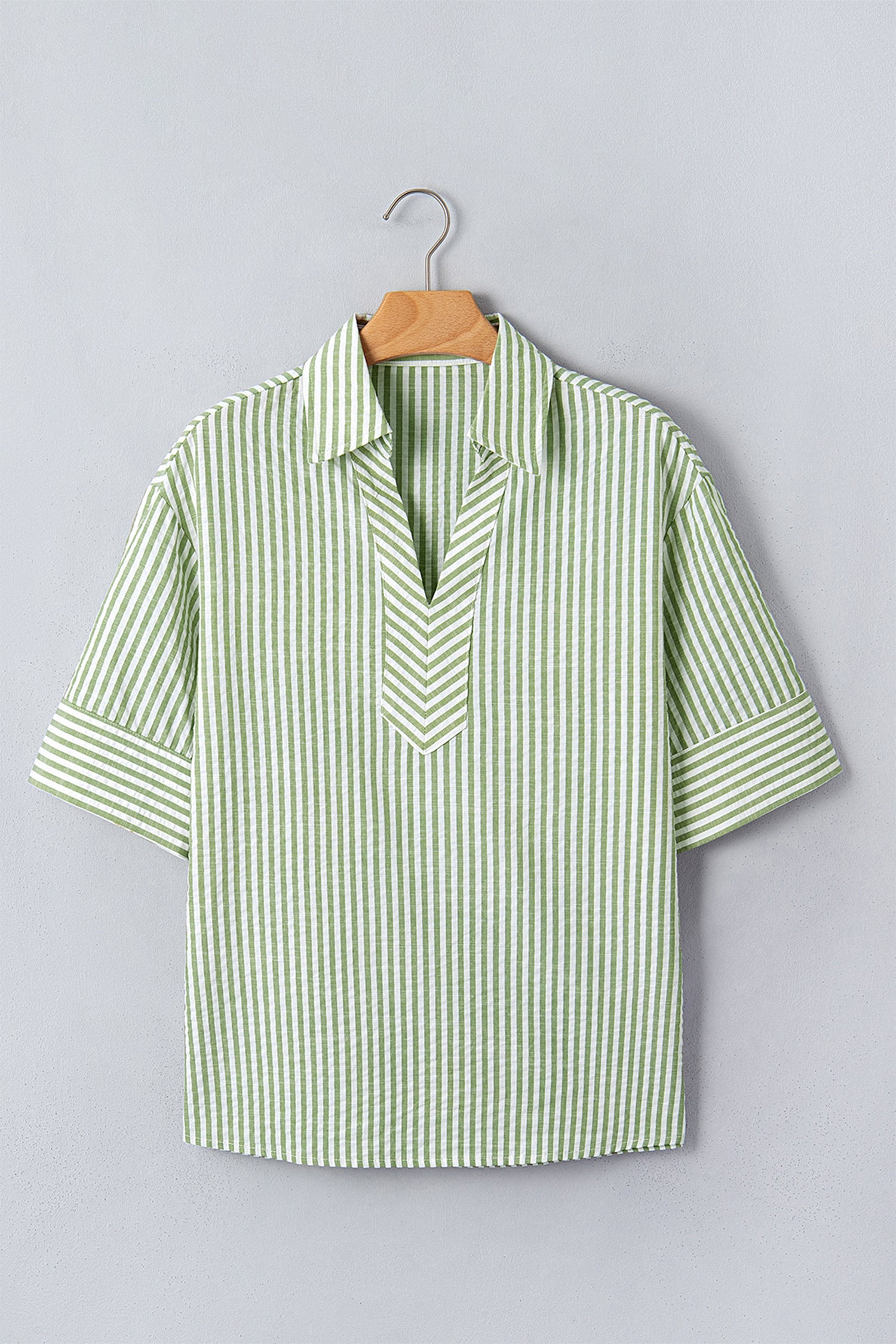 Stripe Collared V-Neck 3/4 Sleeve Blouse