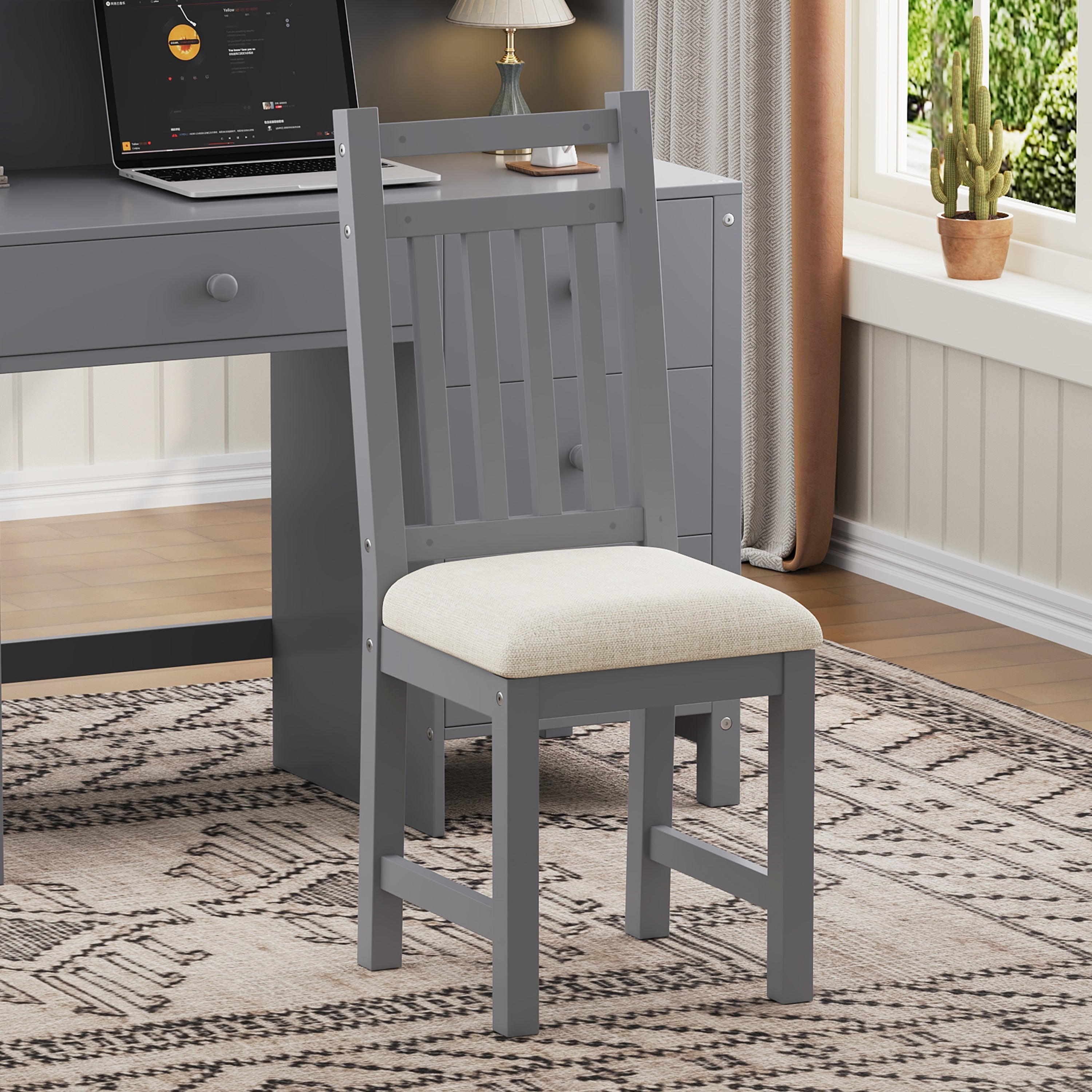 Vintage 40'' Home Executive Desk and Upholstered Chair Set with Bookshelf, Computer Desk with Four Drawers, Storage Shelf, and Chair, Ideal for Office or Study in Bedroom or Living Room, Gray