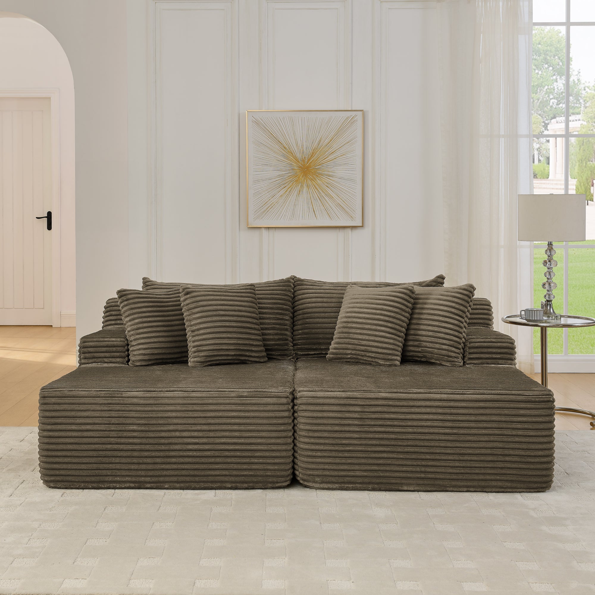 Two-seater lazy sofa lounge chair,Compressed sofa no assembly required, made of velvet fabric, fluffy modern lounge chair, used for indoor living rooms and bedrooms-Brown