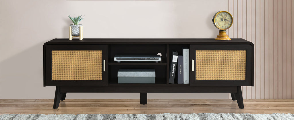 63'' Dark Rattan TV Stand with 2 Storage Cabinets for 65 Inch TV, Entertainment Center with Solid Wood Legs, Media Console Table for Living Room, Bedroom